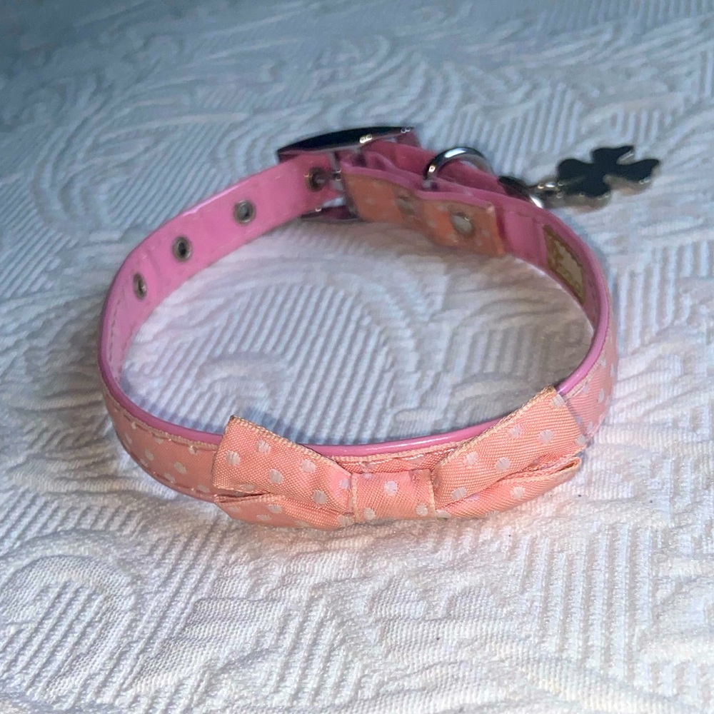 Bow Polka dot pink & Bone Charm 15.5” dog Collar